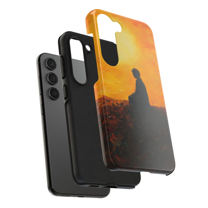 Phone case with silhouette meditating at sunset, spiritual art, Christian inspiration