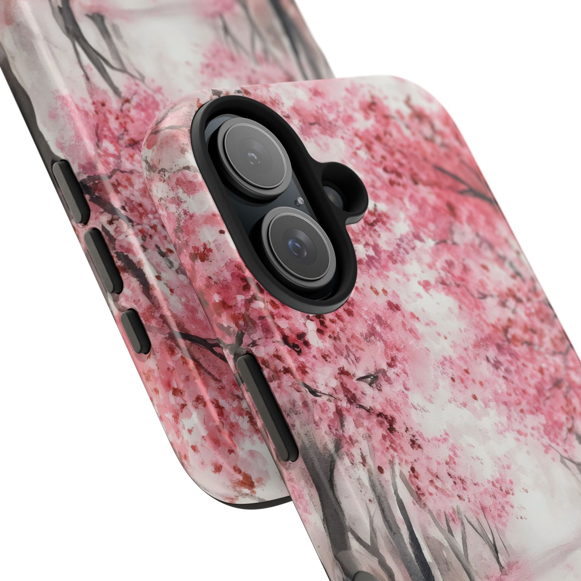 Phone case with pink cherry blossom tree art, floral pattern, close-up camera detail
