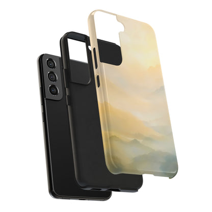 Soft pastel mountain landscape phone case shown on and off a black smartphone