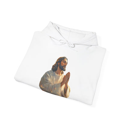White hoodie featuring illustration of praying Jesus, Christian faith-inspired apparel
