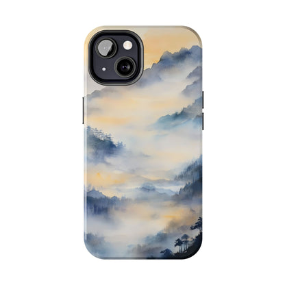 Watercolor mountain landscape phone case with mist, blue and gold tones, spiritual style