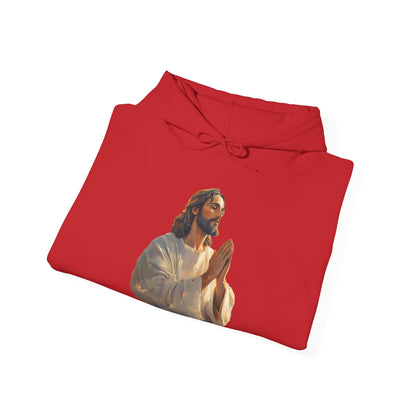 Red Christian hoodie featuring praying Jesus graphic, faith apparel, spiritual clothing