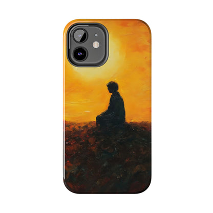 Phone case with a silhouette of a person meditating at sunset, spiritual art design