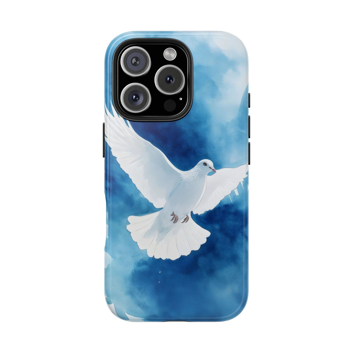 Christian phone case with white dove illustration on a blue watercolor background