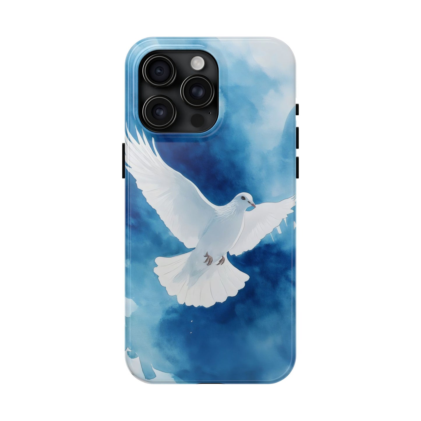 Christian phone case with white dove on blue watercolor background, symbol of peace and faith
