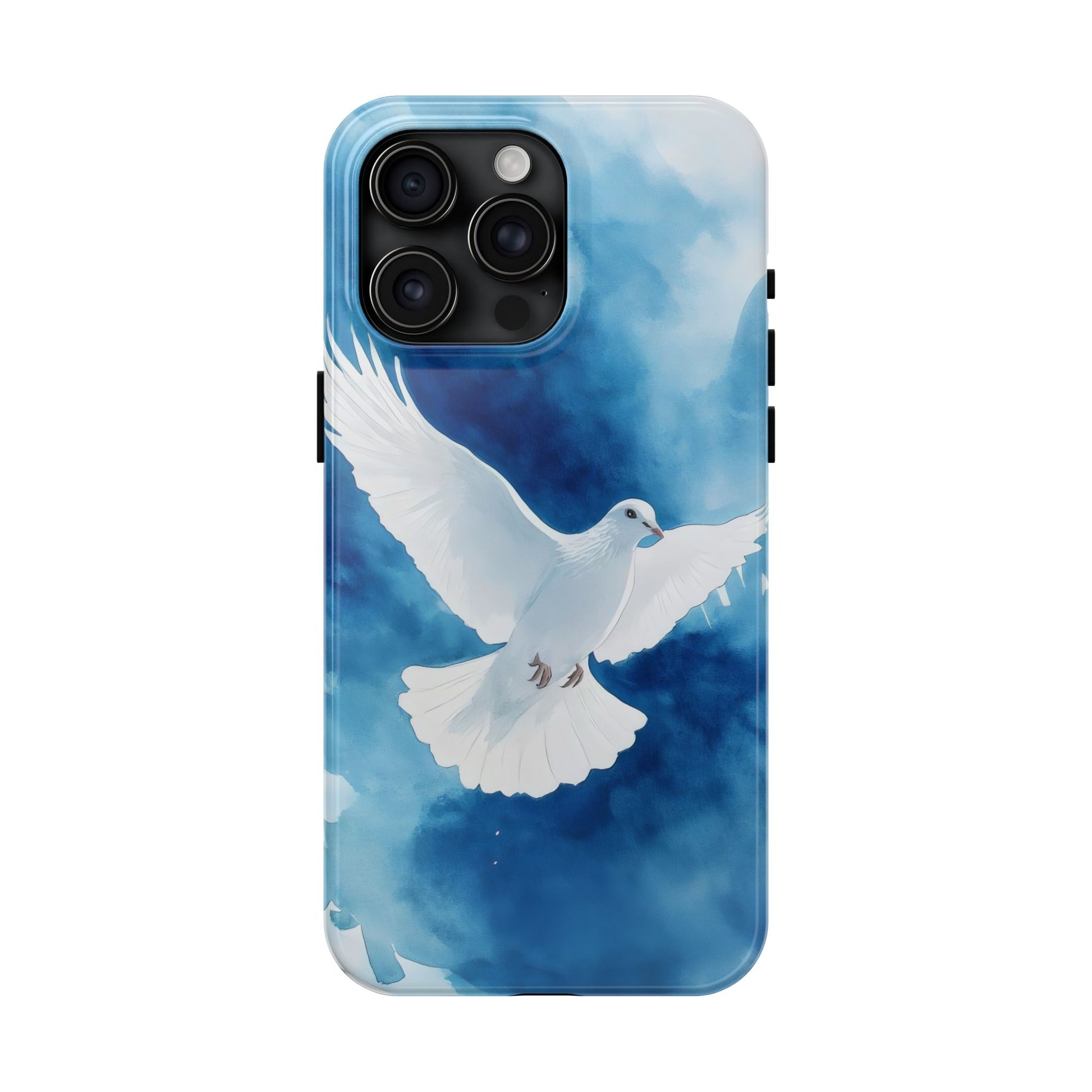 Christian phone case with white dove on blue watercolor background, symbol of peace and faith