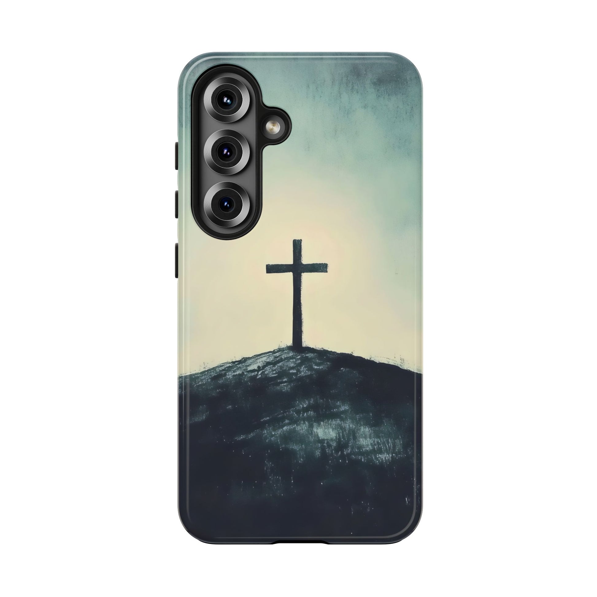 Christian phone case with cross on hill graphic, faith-inspired minimalist design