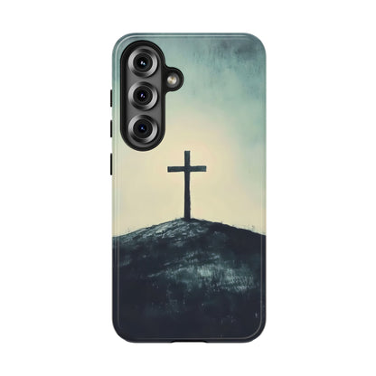 Christian phone case with cross on hill graphic, faith-inspired minimalist design