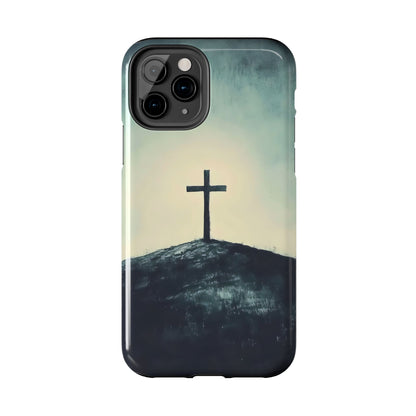 Christian cross on hill minimalist phone case, spiritual faith-inspired design