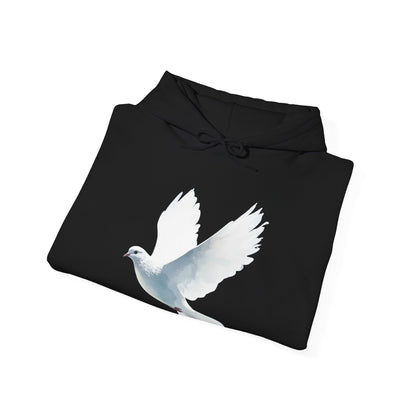 Black Christian hoodie with white dove graphic, faith-inspired apparel