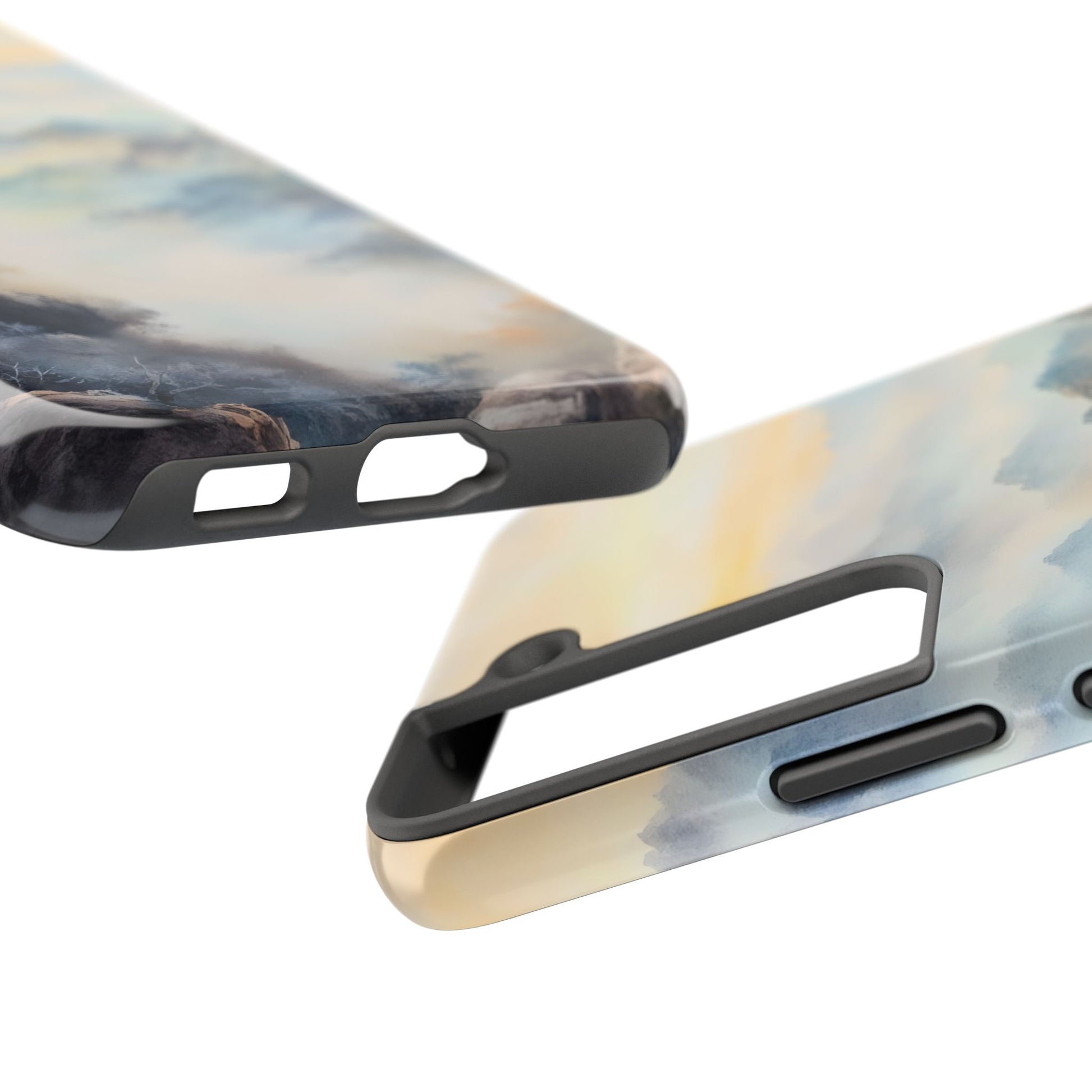 Christian phone case with serene abstract sky and landscape art, close-up view