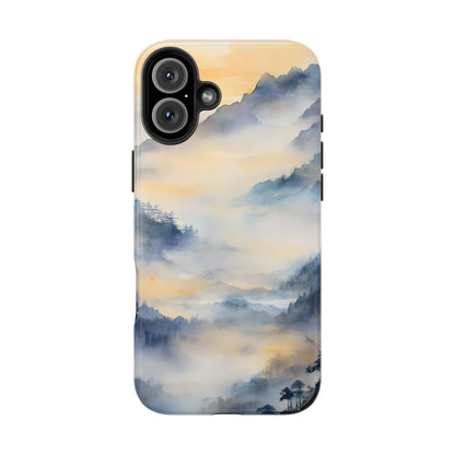 iPhone case with watercolor mountain landscape in blue and yellow misty tones
