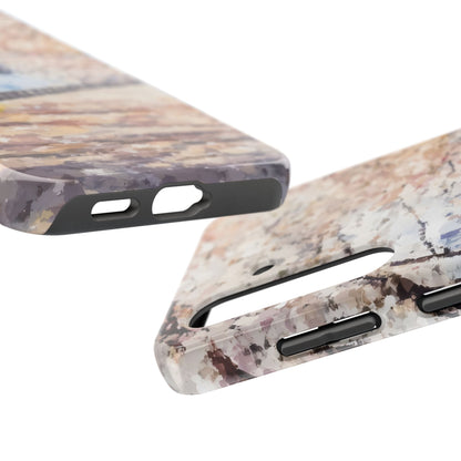 Abstract pastel watercolor phone case with soft, artistic floral design close-up