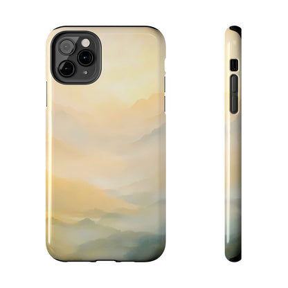 iPhone case with serene pastel mountain landscape, misty sunrise, minimalist design