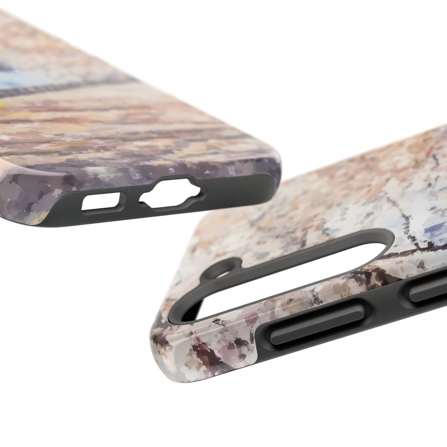 Abstract watercolor style phone cases with soft pastel colors and precise button cutouts