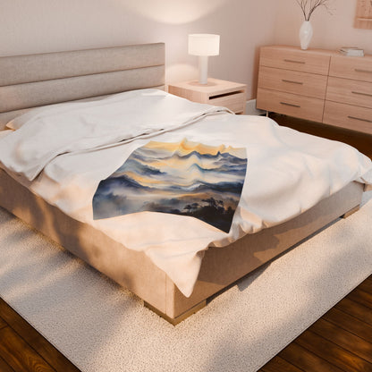 Misty Mountain Landscape Velveteen Plush Blanket — blanket in a bedroom lifestyle setting