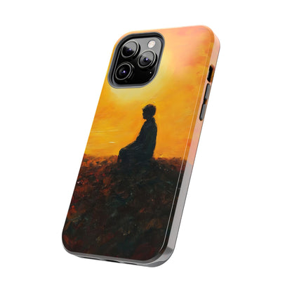 Phone case with silhouette of person meditating at sunset, spiritual art design