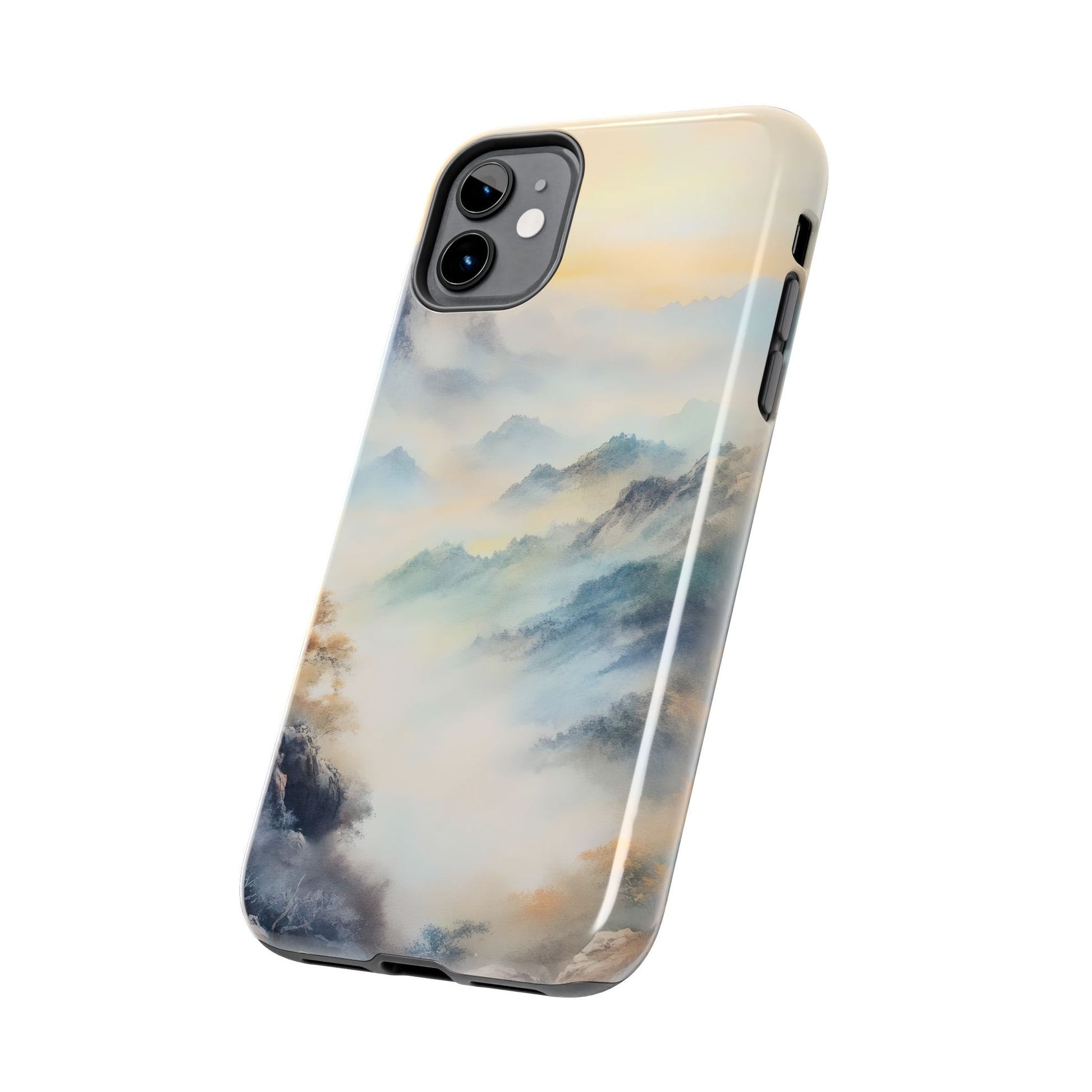 Phone case with serene misty mountain landscape, soft pastel colors, spiritual design