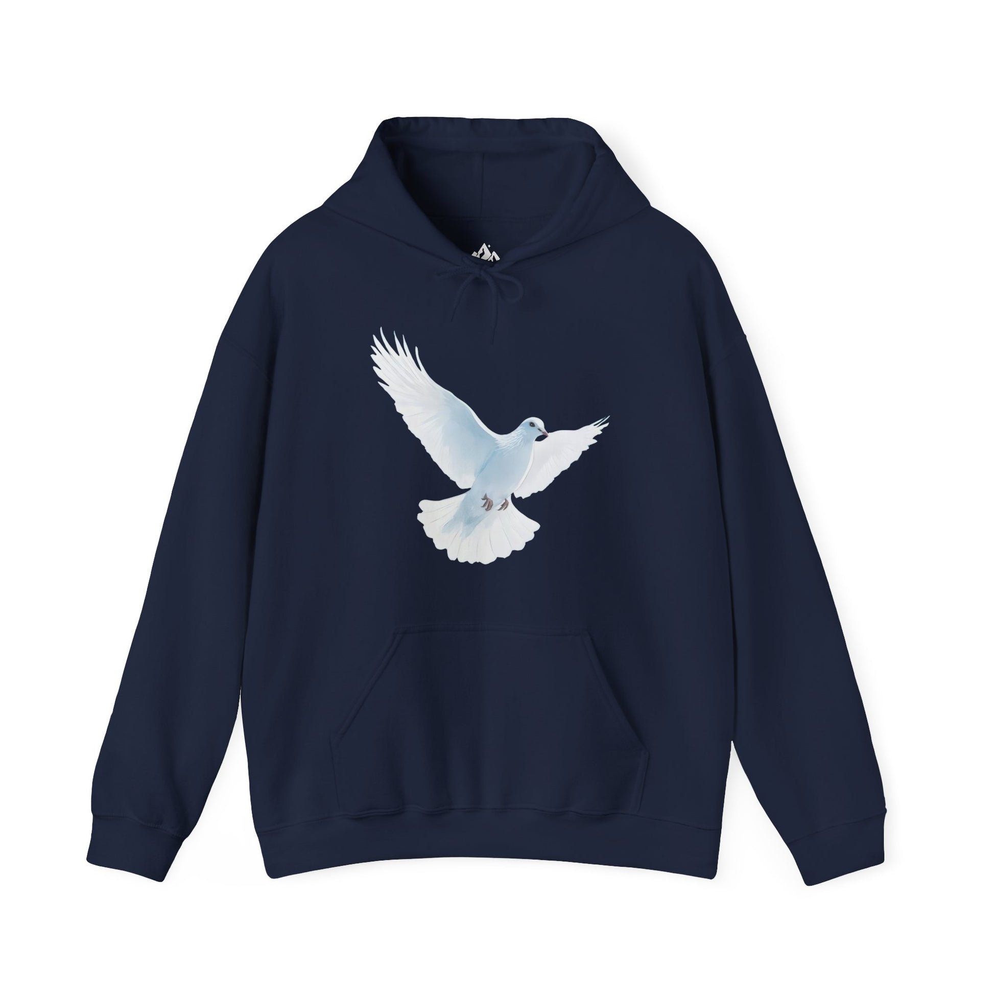 Navy blue hoodie with white dove graphic, Christian faith-inspired apparel