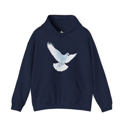 Navy blue hoodie with white dove graphic, Christian faith-inspired apparel
