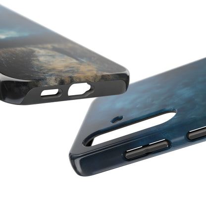 Glossy Christian phone cases with abstract blue and gold design, close-up of edges and cutouts