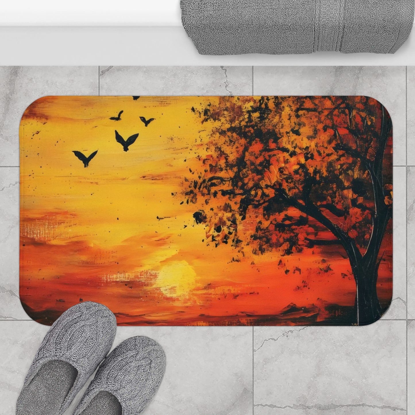 Christian wall art style bath mat with tree and flying birds in a sunset orange design