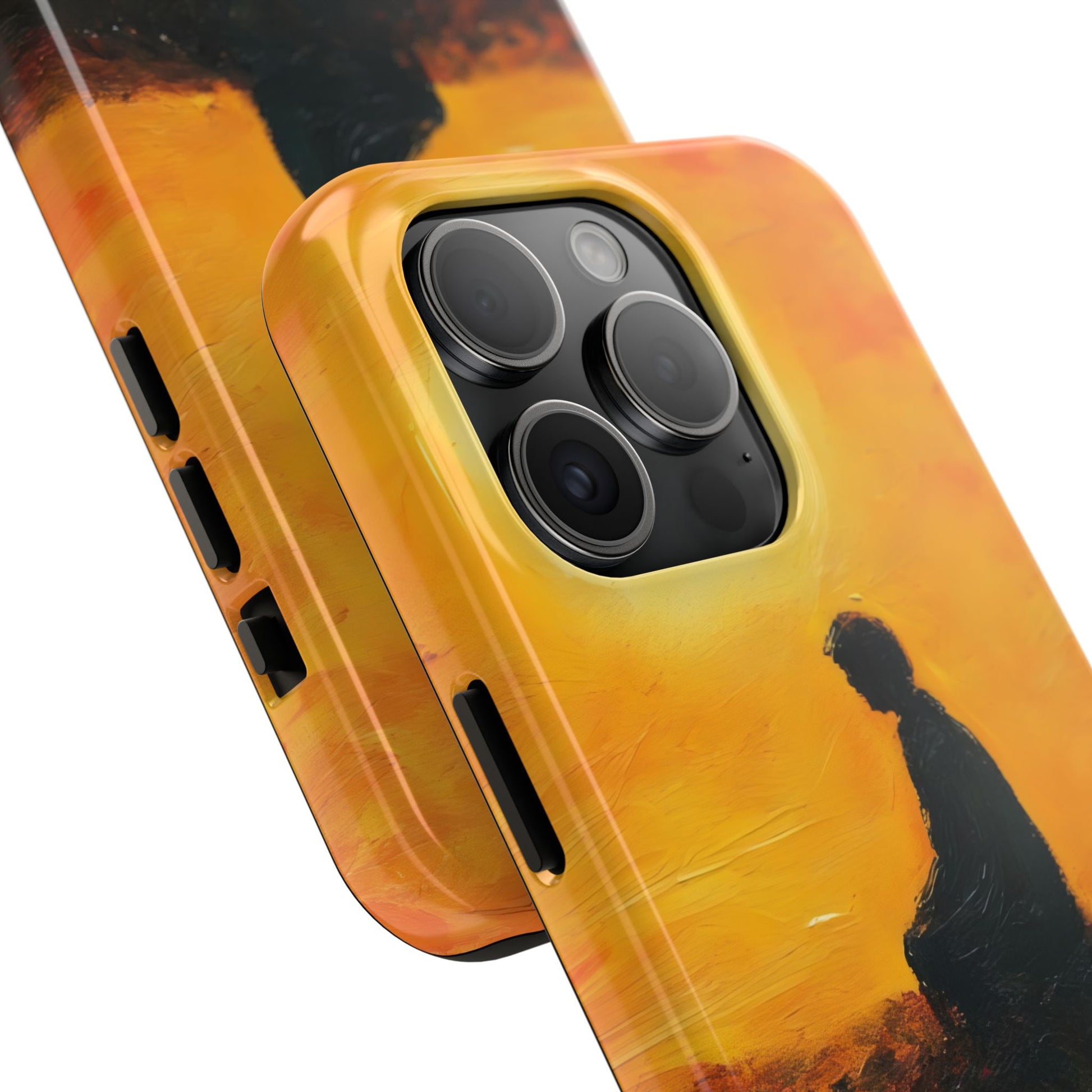 Phone case with spiritual silhouette art against a yellow-orange sunset background