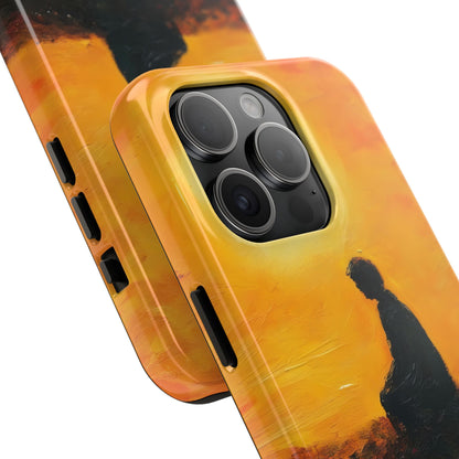 Phone case with spiritual silhouette art against a yellow-orange sunset background