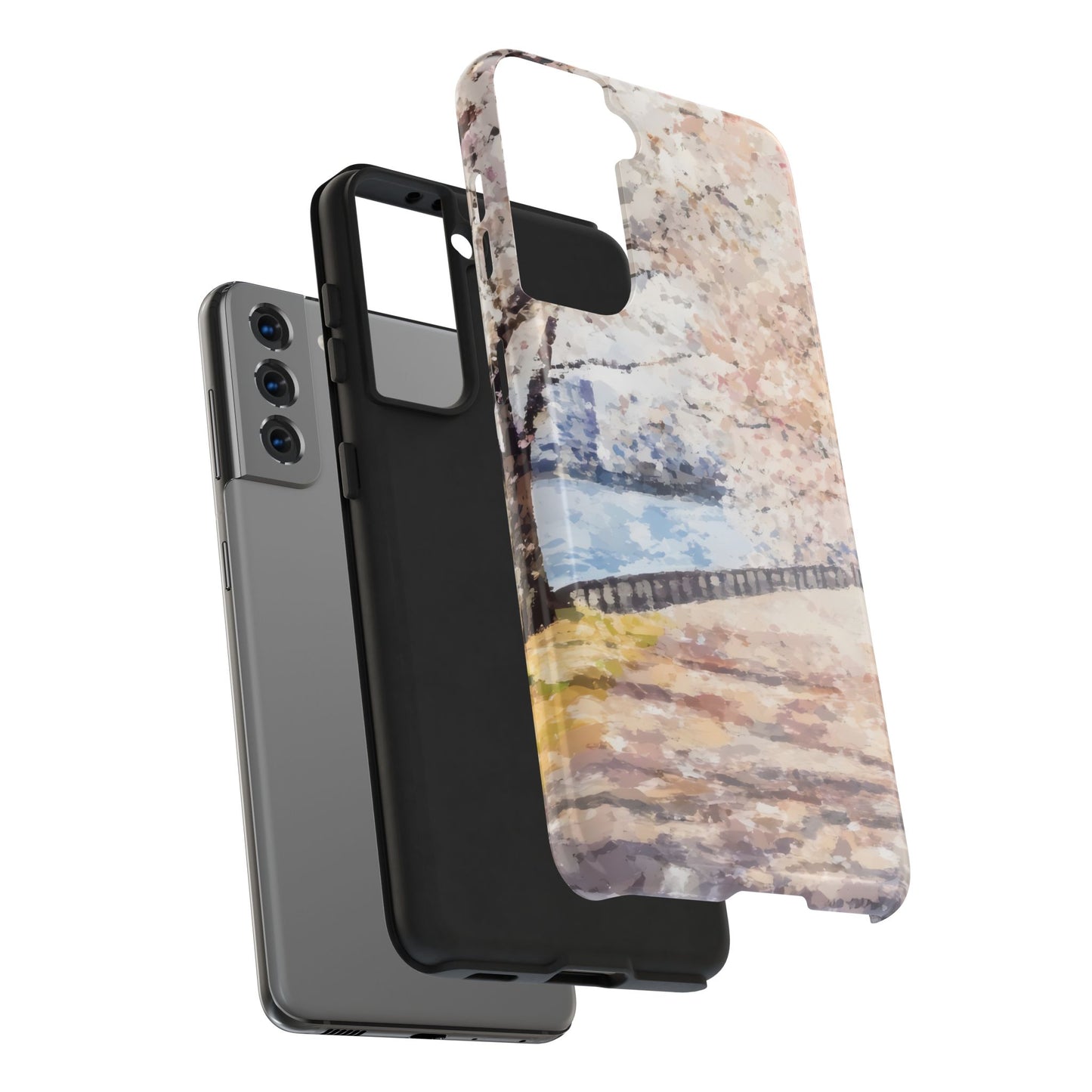 Samsung phone with layered protective cases, one featuring pastel abstract landscape art