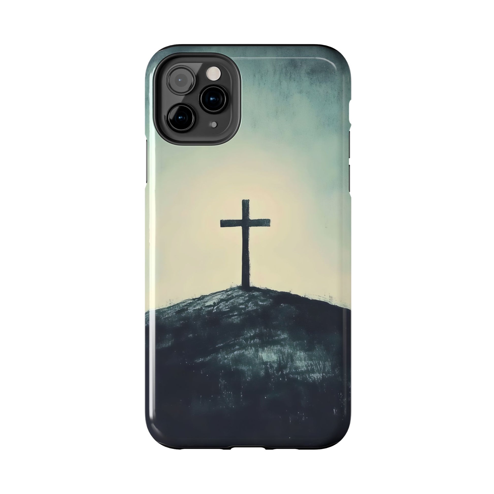 Christian phone case with a cross on a hill, spiritual minimalist design