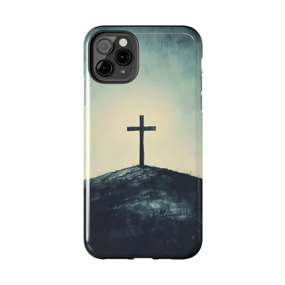 Christian phone case with a cross on a hill, spiritual minimalist design