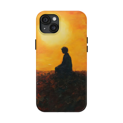iPhone case with silhouette of person meditating at sunset, spiritual art design