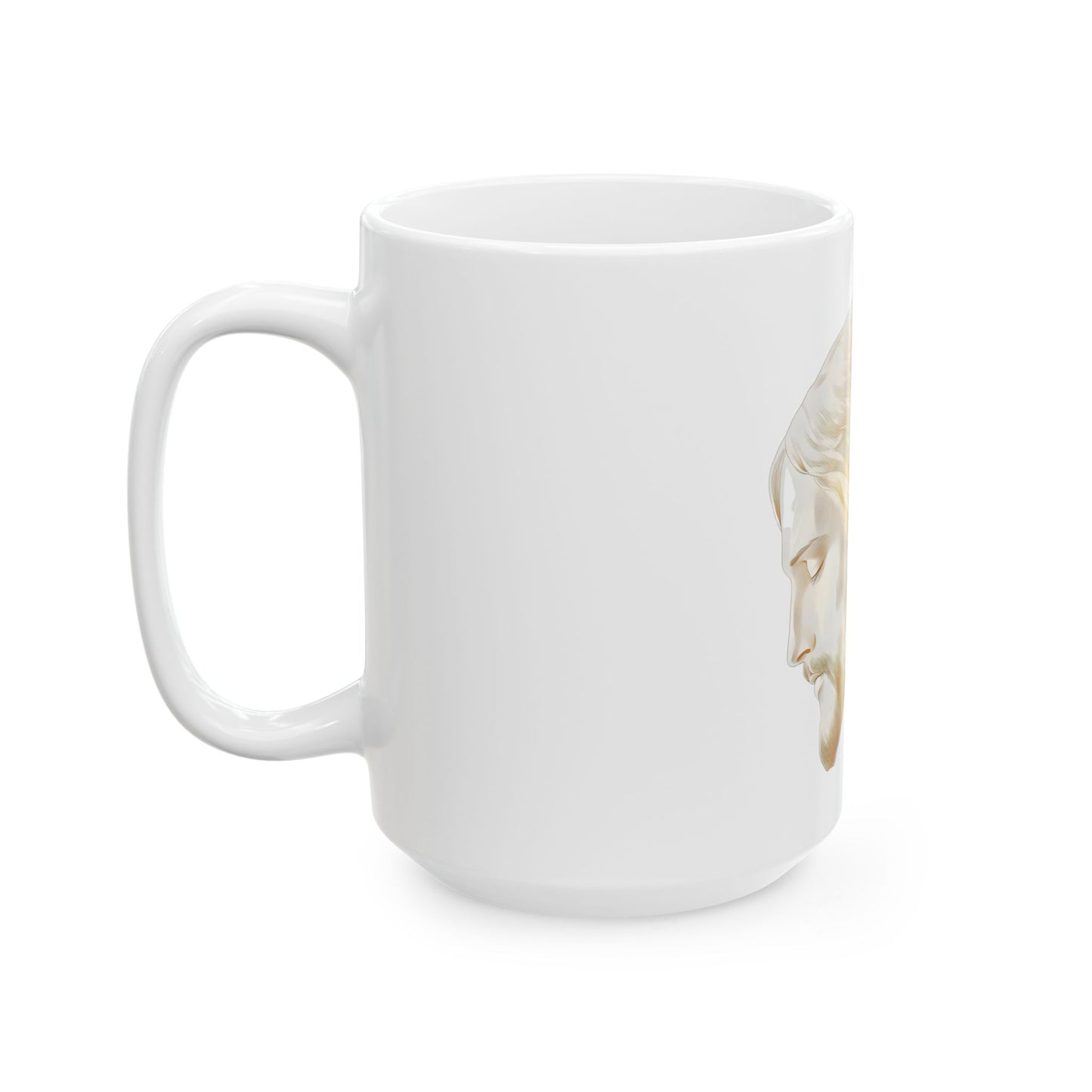 White ceramic mug with a serene Jesus illustration, Christian faith home decor