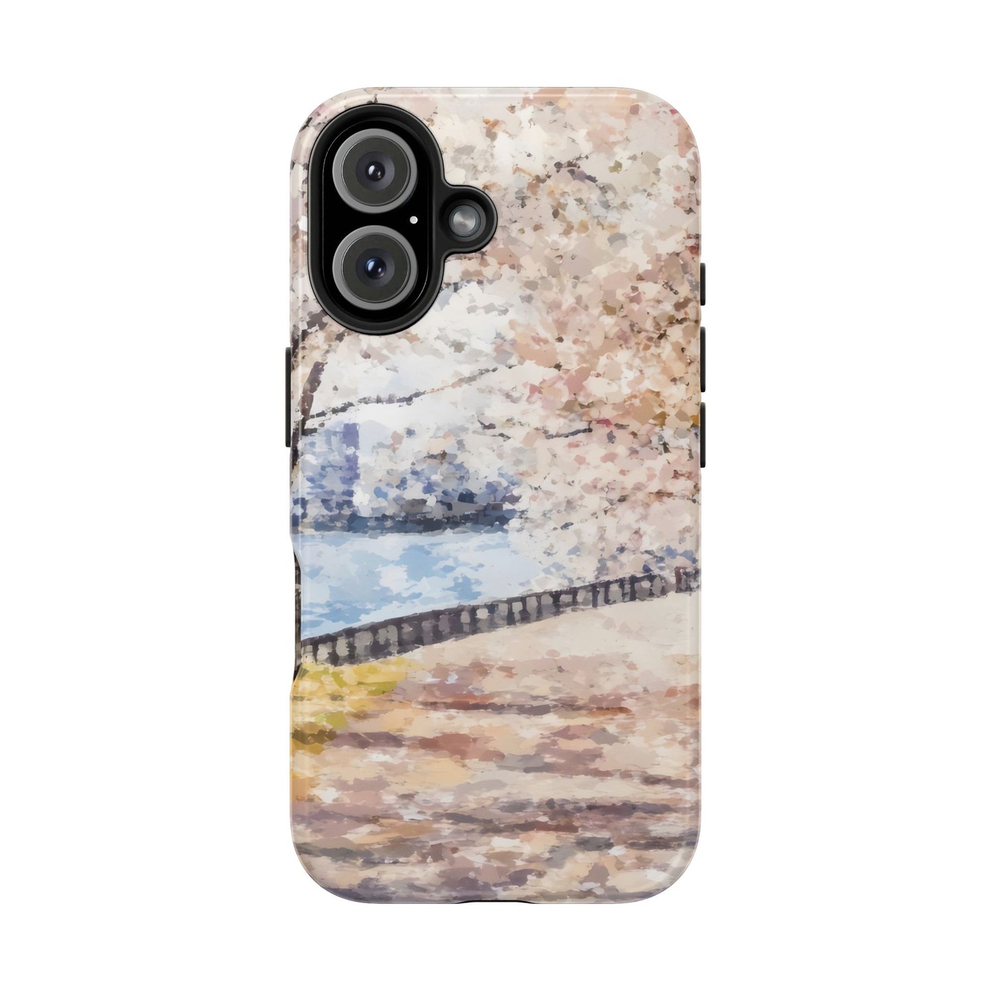 iPhone case with watercolor cherry blossom tree and peaceful riverside scene