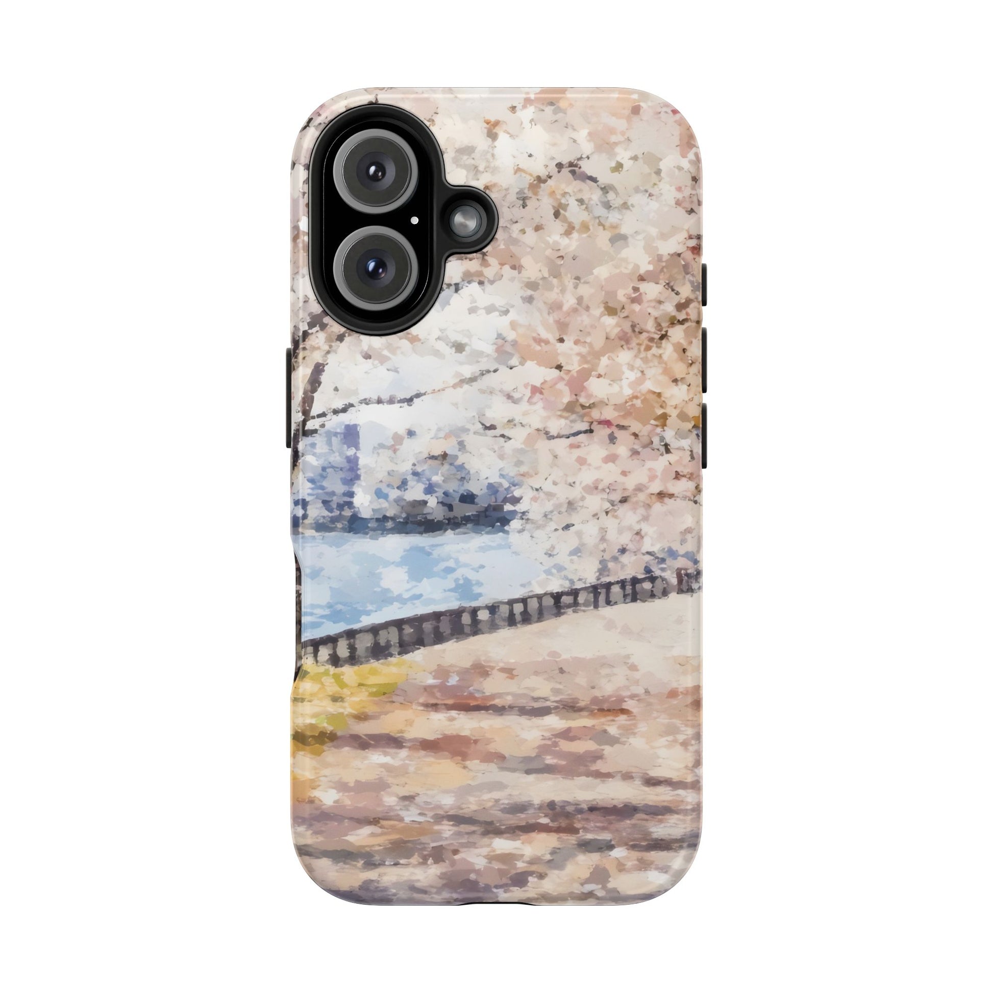 iPhone case with watercolor cherry blossom tree and peaceful riverside scene
