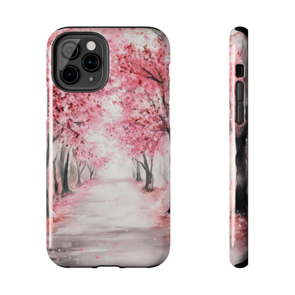 Phone case with pink cherry blossom trees and peaceful nature path design