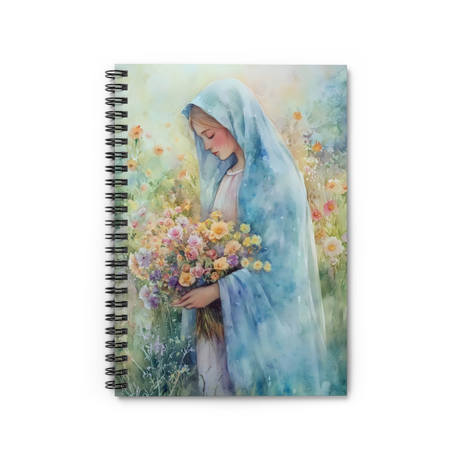 Christian journal notebook featuring a serene woman in a blue cloak holding flowers