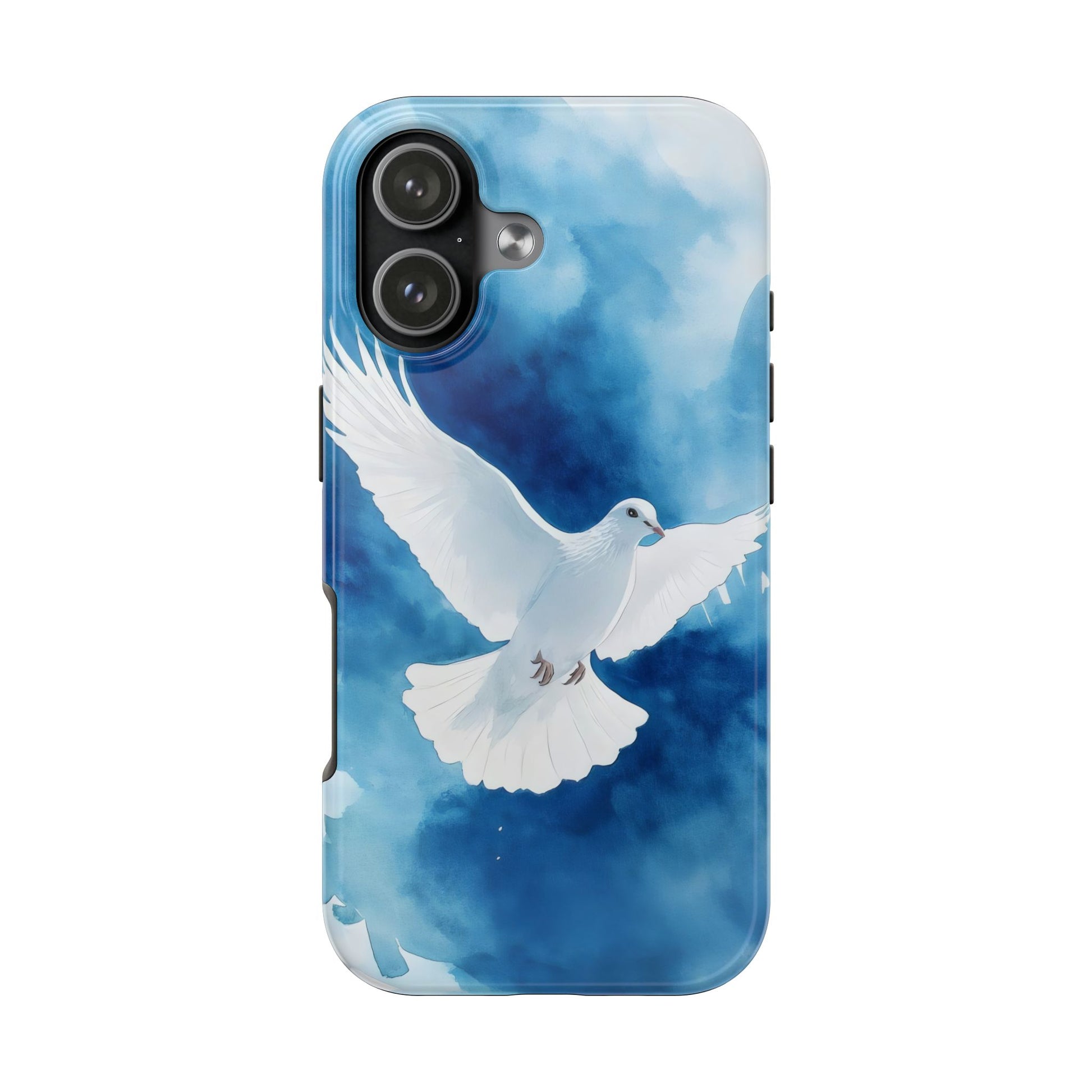 Phone case with white dove illustration on blue watercolor background, Christian design