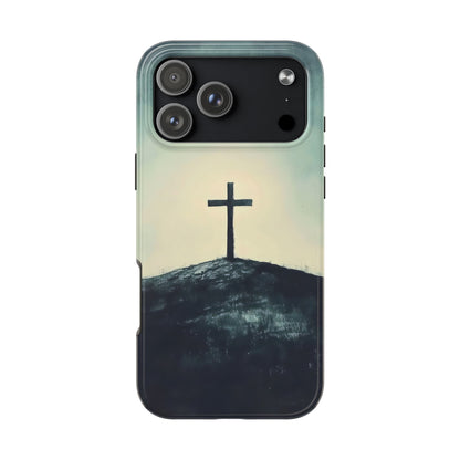 Christian phone case with minimalist cross on hill, faith-inspired spiritual design
