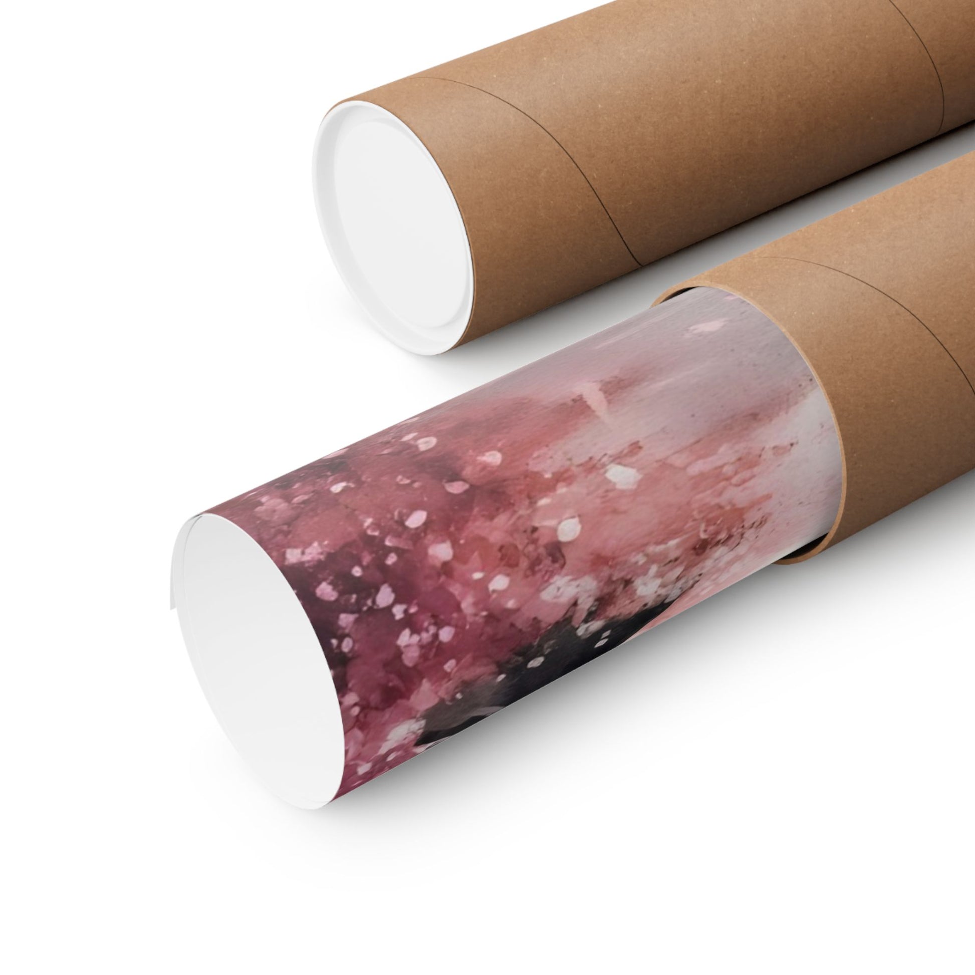 Rolled abstract pink and white watercolor wall art print in cardboard tube packaging