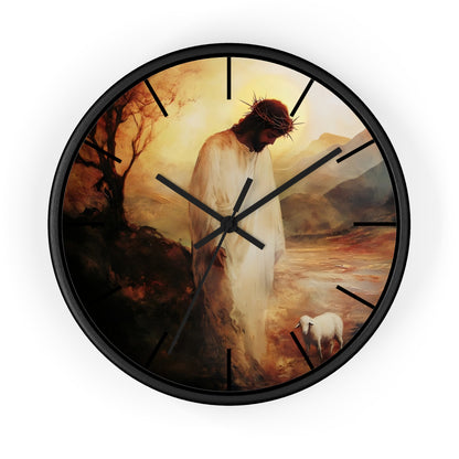 Christian wall clock featuring Jesus with a lamb in a peaceful landscape