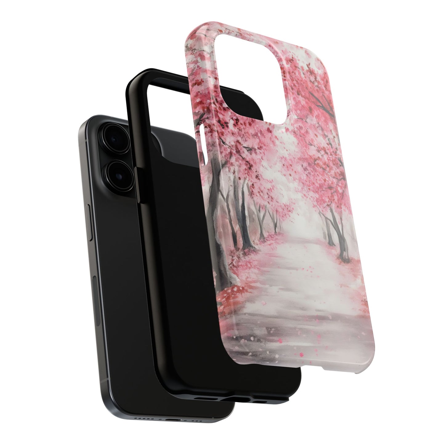 Phone case with pink cherry blossom tree path design, layered over black smartphone