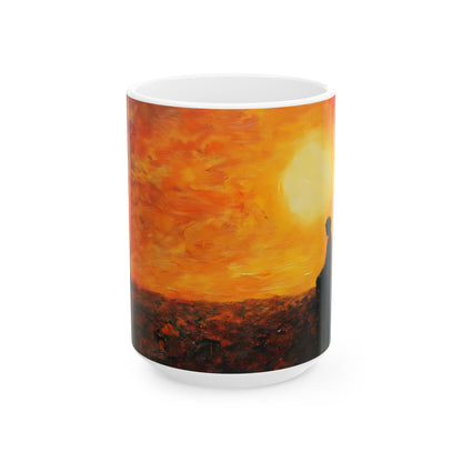Ceramic mug with artistic sunset landscape and silhouette, Christian inspirational decor