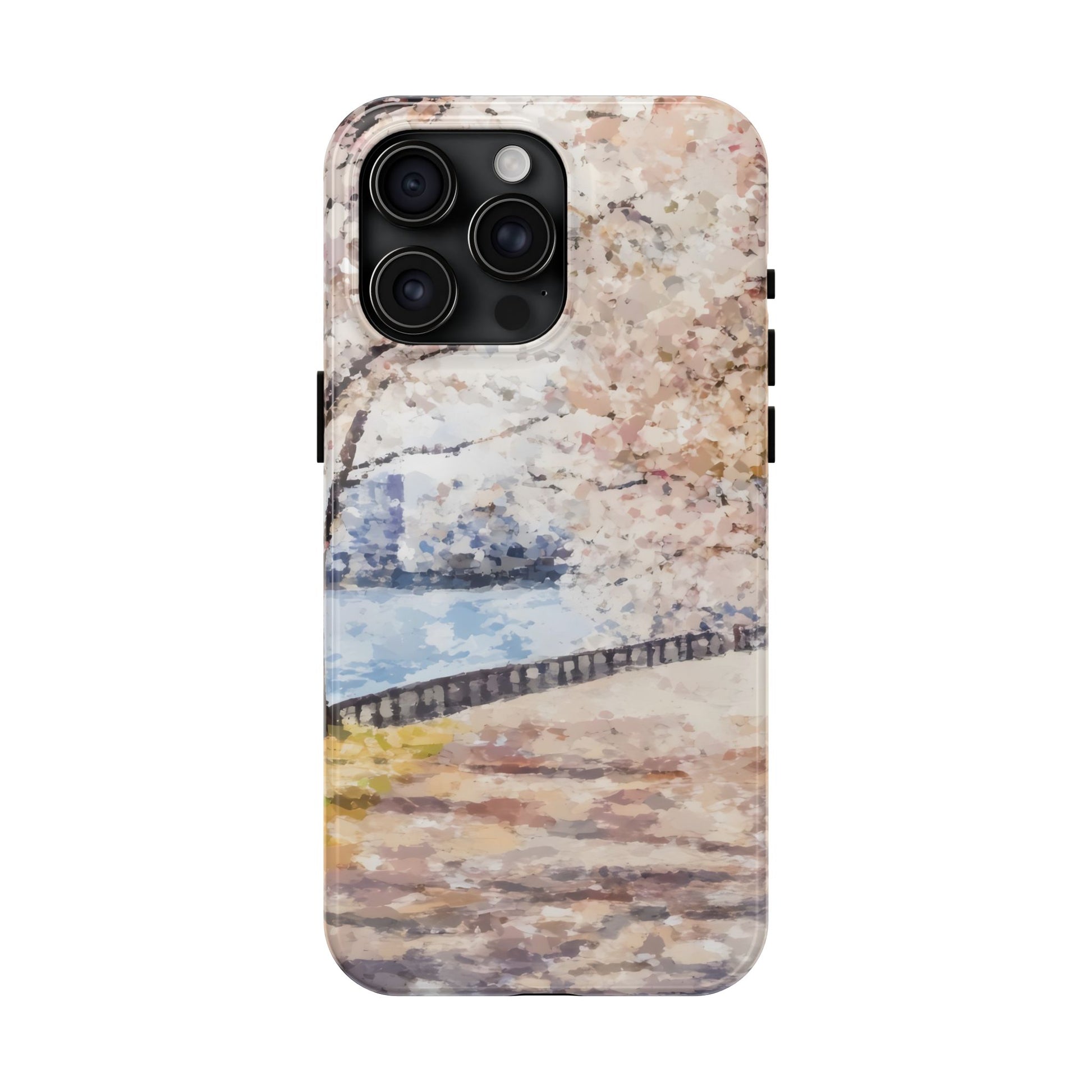 Phone case with watercolor path, river, and blooming tree design in soft pastel colors