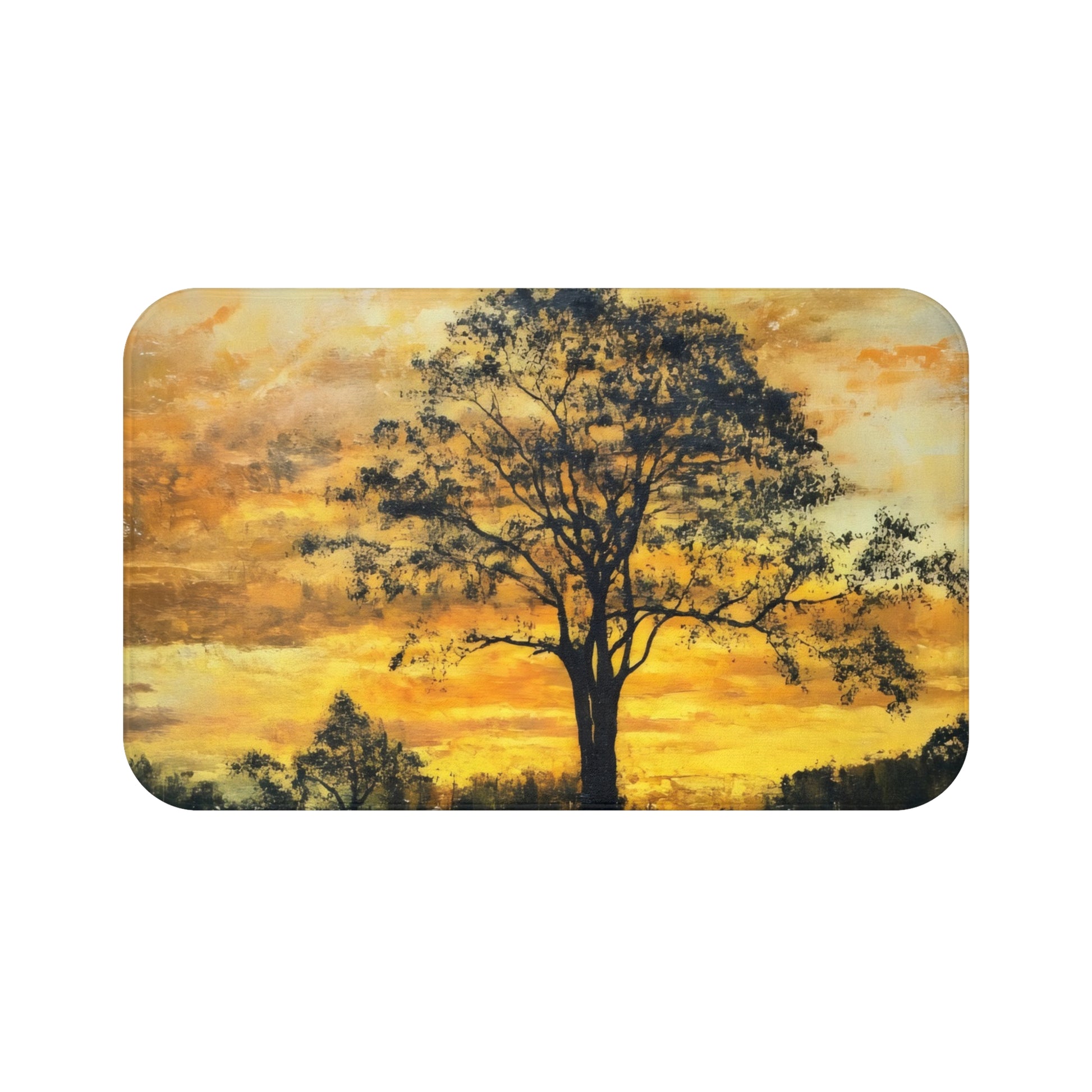Christian wall art depicting a silhouetted tree against a golden sunset sky