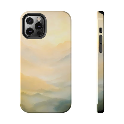 Phone case with soft pastel abstract mountain landscape, serene spiritual design