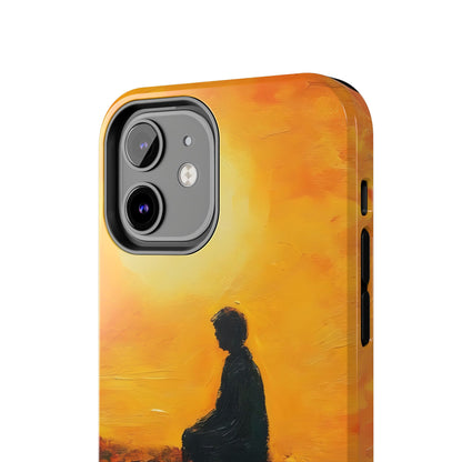 Phone case with silhouette of person meditating at sunset in spiritual, mindful art style