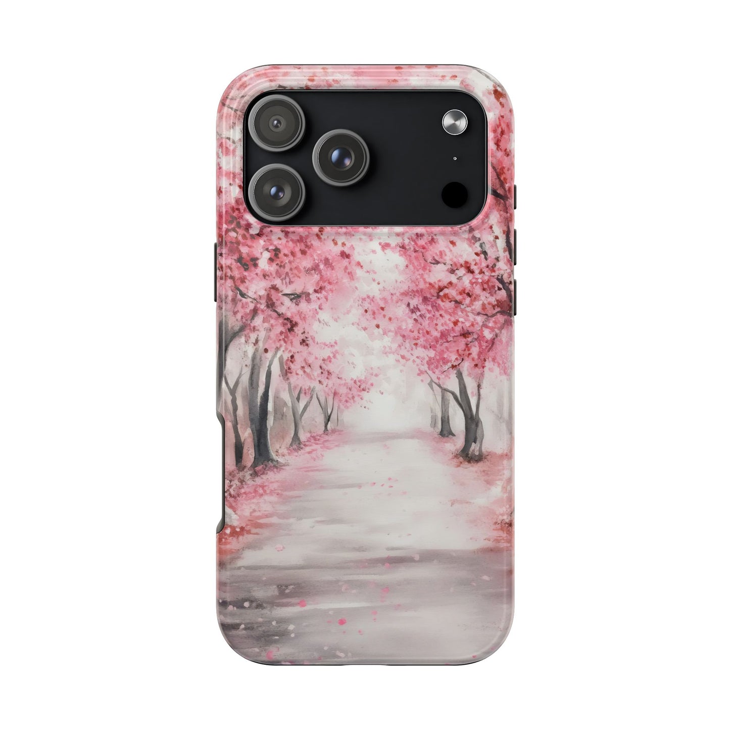 Phone case with watercolor cherry blossom trees lining a peaceful path, spiritual design