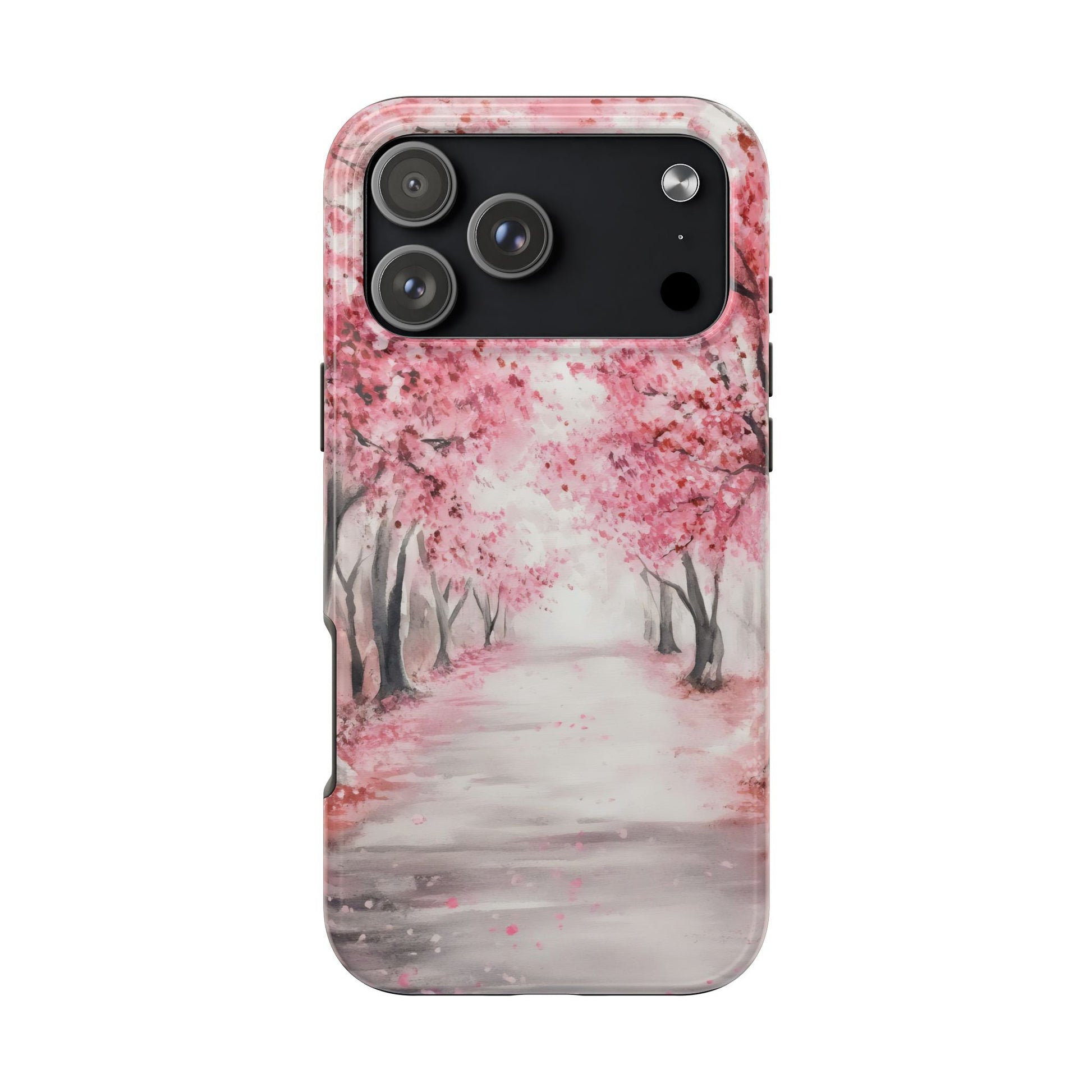 Phone case with watercolor cherry blossom trees lining a peaceful path, spiritual design