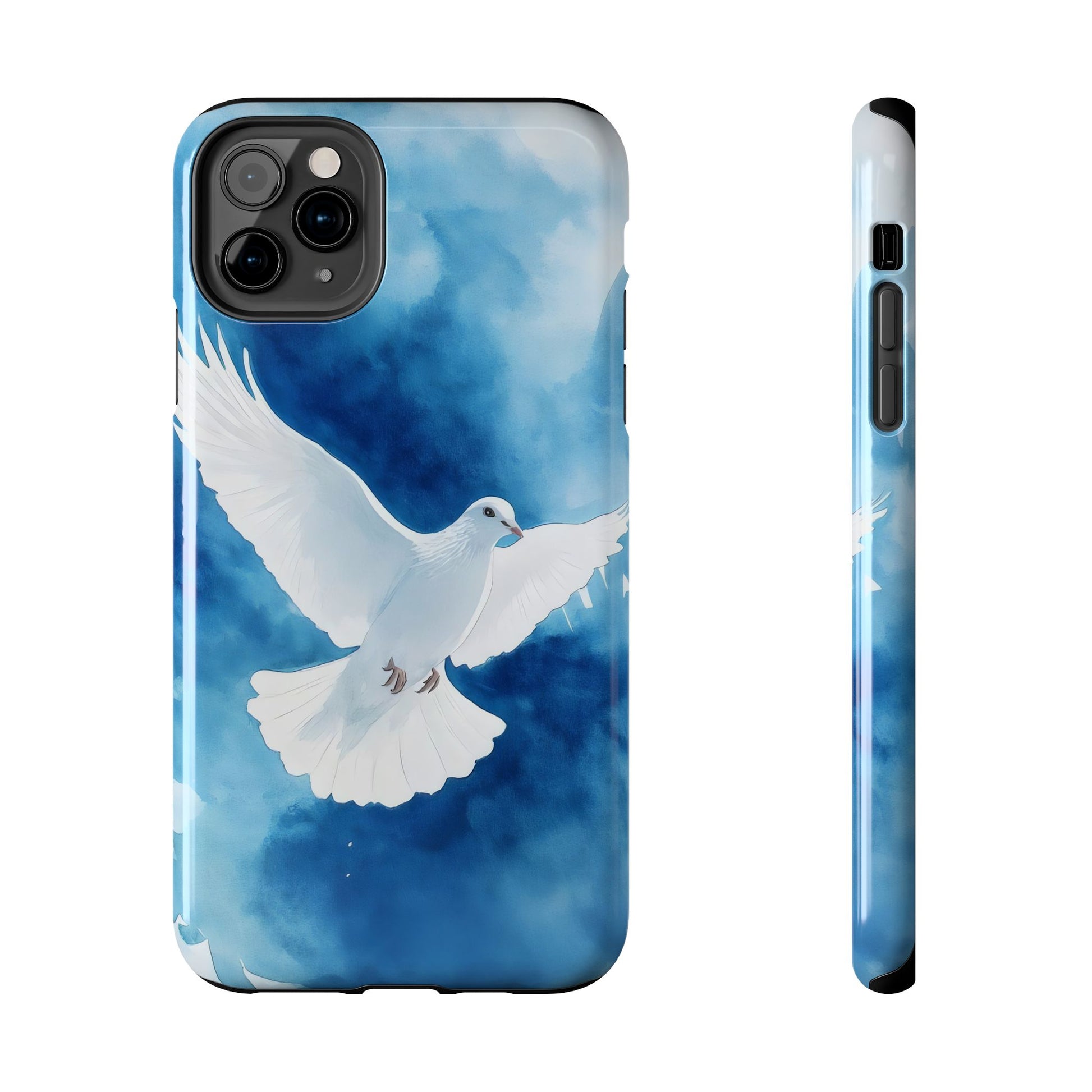 iPhone case with white dove illustration on blue watercolor background, Christian symbolism